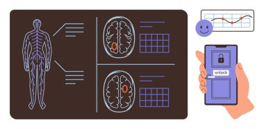Sinir sistemi şeması, aktivite işaretli beyin taramaları, biyometrik kilitli akıllı telefon ve veri grafikleri. Nöroloji, biyometri, güvenlik, sağlık ve teknoloji için idealdir.