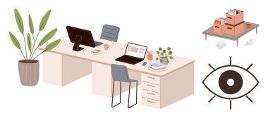 Dizüstü bilgisayarlar, masaüstü monitörü, sandalye, kahve, kitaplar, saksı bitkisi, yakın depolama kutuları ve soyut göz motifi. Üretkenlik için ideal iş yeri takım çalışması organizasyonu tasarım odağı