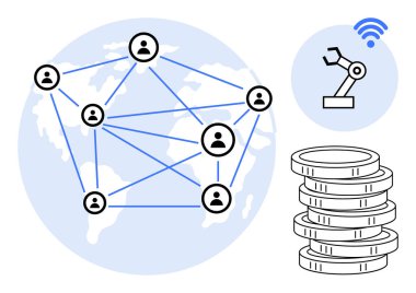 Birbirine bağlı kullanıcılar, hatlar, kablosuz sembollü robotik kol ve istiflenmiş paralar yoluyla birbirine bağlı küresel bir harita üzerinde düğümler olarak gösterilir. Engelleme zinciri için ideal, IOT, fintech, otomasyon, ağ oluşturma, küresel