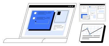 Analitik grafik ve site düzeni eşliğinde, form ve gösterge panelleri ile birlikte web sitesi arayüzünü gösteren dizüstü bilgisayar. Teknoloji, iş dünyası, üretkenlik, analiz, web geliştirme, UXUI tasarımı için ideal