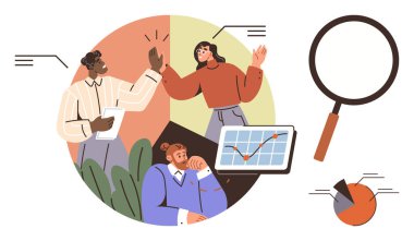 Profesyoneller veri içgörülerini büyüme grafiği görüntüsü, büyüteç ve pasta grafiği elemanları ile tartışıyor. Takım çalışması, analitik, strateji, problem çözme, üretkenlik, basit planlama için ideal