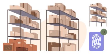 Parmak izi doğrulama işaretinin yanında düzgünce istiflenmiş karton kutular ve sandıklarla dolu metal raf üniteleri. Depolama, lojistik, envanter, nakliye, güvenlik ve perakende için ideal