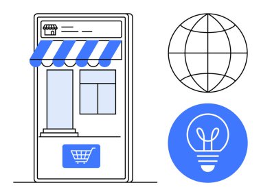 Tenteli ve araba ikonlu dijital vitrin, dünya sembolü, mavi ampul. E-ticaret, küresel ticaret, çevrimiçi alışveriş, yenilik, girişimcilik, teknoloji sade iniş sayfası için ideal