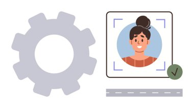 Dişliler simgesi, profil fotoğraf penceresi kullanıcı doğrulaması, sistem ayarları ve otomasyon doğrulamalı işaretli. Teknoloji, kimlik tespiti, güvenlik, hesap kurulumu ve kullanıcı için ideal