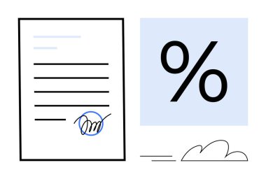 Anlaşmalar, mali taahhütler veya faiz oranlarını temsil eden cesur bir yüzde sembolünün yanı sıra imzalı bir sözleşme. Finans, hukuk, işletme, krediler, yatırım ipotekleri için ideal