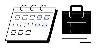 Yapılandırılmış bir el çantasının, planlama, planlama ve iş odaklarının yanında işaretlenmiş tarihleri olan bir takvim. Üretkenlik, zaman yönetimi, organizasyon, mesleki hedefler, ticaret için ideal