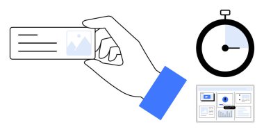 Elinde bir kartvizit, kronometre simgesi zaman yönetimini simgeliyor ve grafikli bir web paneli. Ticari kimlik, zaman verimliliği, analitik, stratejiler, verimlilik için ideal