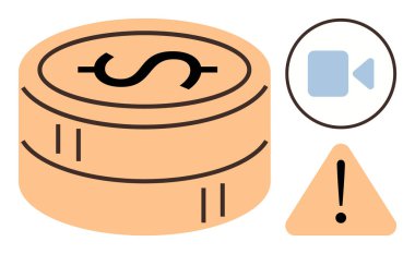 Dolar işaretli para yığını, video ikonu ve finansal riski, video monetizasyonunu, çevrimiçi güvenliği ve güvenliği vurgulayan uyarı üçgeni. Finans, teknoloji ve risk parasallaşması için ideal