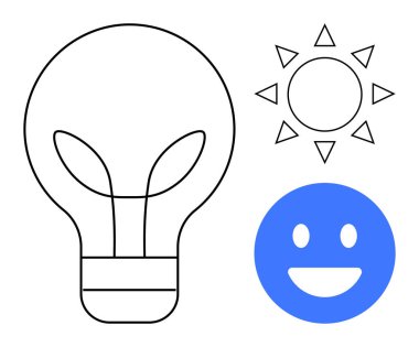 Minimalist tasarım, yapraklı bir ampul, bir güneş ve gülümseyen bir yüz içerir. Fikirler, yenilik, sürdürülebilirlik, yaratıcılık, yenilenebilir enerji, mutluluk ve basit bir iniş sayfası için ideal