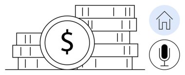 Küçük ev ve mikrofon sembollerinin yanında dolar işaretli para yığınları sergilenen finans, emlak, iletişim, tasarruf, yatırım, teknoloji ve basit iniş sayfası