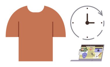 Kahverengi tişört, oklu saat ve online izleme arayüzü olan laptop ekranı. Moda, üretkenlik, e-ticaret, güvenlik, dijital konsept, iş akışı basit düz metafor