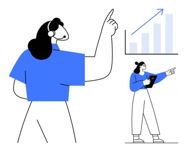 Yükselen bir bar grafiğini gösteren bir kulaklık takan ve elinde tablet tutan bir kadın. İş için ideal, takım çalışması, liderlik, büyüme, iletişim, analitik, eğitim, basit iniş sayfası