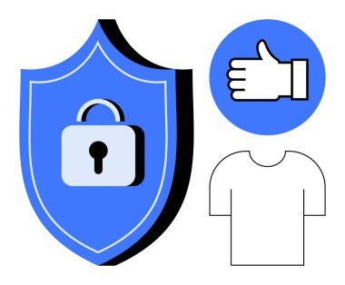 Mavi kalkanda asma kilit güvenliği simgeler. Başparmağıyla onay ve tişört sadeliğini gösterir. Çevrimiçi gizlilik, güven, markalaşma, güvenlik, kimlik doğrulama, veri koruması için ideal basit