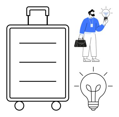 Elinde ampul tutan iş adamı yaratıcılığı ve yeniliği temsil ediyor. Büyük bavul seyahat odağı vurgular. Yenilik, iş, girişimcilik, seyahat, ilham, amaç belirleme, modern