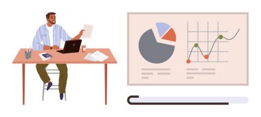 Belgeyi dizüstü bilgisayarla tutan adam ekrandaki grafikleri grafiklerle, pasta grafiğiyle gözden geçiriyor. İş, finans, takım çalışması, strateji, büyüme, üretkenlik için ideal basit düz metafor