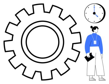 Büyük teçhizat, duvar saati ve profesyonel giyimli kadın takım çalışmasını, yeniliği, zaman yönetimini, verimliliği, verimliliği, iş süreçlerini ve planlamayı sembolize ediyor. Basit bir daire.