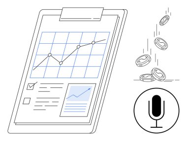Artan çizgili mali rapor, karı simgeleyen madeni paralar, kontrol listesi, mikrofon. Finans, iş büyümesi, analitik, sunumlar, fintech denetim sayfası için ideal