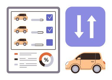 Araba seçenekleri, kaydıraklar, kutular ve yüzde tablosu içeren değerlendirme formu. Turuncu araba ve oklar karşılaştırmayı, seçimi ve karar vermeyi sembolize eder. Otomotiv ve analitik için ideal