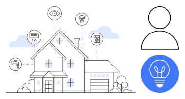 Modern ev akıllı cihazlara bağlı, aydınlatma, güvenlik, cihazlar, ısıtma ve su kontrol simgeleri. Teknoloji, otomasyon, enerji yönetimi için ideal IoT güvenlik eko-çözümleri