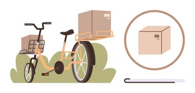 Yeşil teslimat yöntemlerini vurgulayarak, önde ve arkada paketler taşıyan kargo bisikleti. Lojistik, eko-yaşam tarzı, ulaşım, sürdürülebilirlik, kentsel hareketlilik, taşımacılık, basit