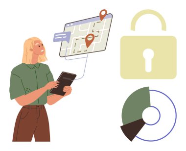 Kadın dijital haritayı gösteren bir tabletle konum iğneleri ve sohbet baloncuklarıyla etkileşime giriyor. Yanında güvenlik kilidi sembolü ve segmentli pasta grafiği var. Navigasyon ile ilgili kavramlar için ideal