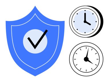 Mavi kalkan, saat temaları ile birlikte güvenliği sembolize ediyor. Koruma, zaman yönetimi, üretkenlik, zamanlama, güvenilirlik, risk önleme, iş akışı için ideal