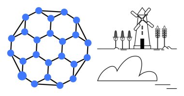 Mavi düğümlerin moleküler ızgarası ve minimalist yel değirmeninin, mısır saplarının ve bulutun yanında siyah bağlantılar. Bilim, çevre, enerji, sürdürülebilirlik, tarım ve yenilenebilir kaynak için ideal