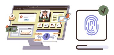 Bilgisayar monitörü, biyometrik parmak izi taramasının yanında kullanıcı verileri, grafikler ve uyarılarla birlikte başarı işaretli birden fazla pencere gösteriyor. Siber güvenlik, biyometri ve kimlik için ideal.