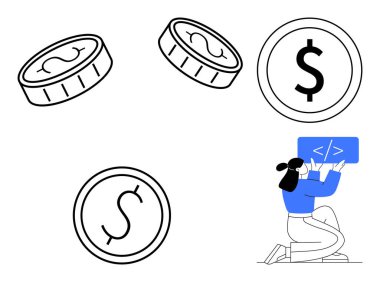 Üzerinde dolar işaretleri olan bozuk paralar bir geliştiricinin kodunun üzerinde yüzüyor. Finans, teknoloji, programlama, yatırımlar, dijital ekonomi, fintech, girişimcilik, basit iniş sayfası için ideal