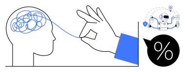 Beyindeki ipliğin çözülmesi, berraklık robot otomasyonunu, kalkanı ve yüzde yüz detay teknik rollerini sembolize eder. Zihinsel berraklık, yapay zeka, otomasyon, problem çözme, analitik, yaratıcılık için ideal