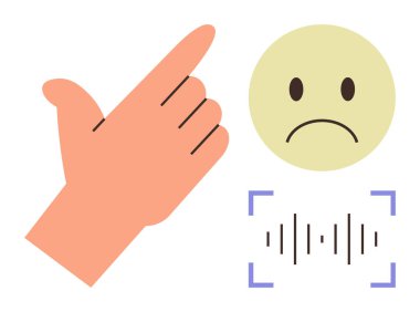 Üzgün bir yüzün yanında el hareketi ve ses dalgası tanıma. Onaylamama, geri bildirim, iletişim, duygular, teknoloji, sözsüz ipuçları, etkileşim tasarımı kavramları için idealdir. Basit düz metafor