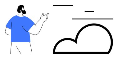Mavi gömlekli adam soyut bulut çizgilerini gösteren bir resim çiziyor. Teknoloji, bulut hesaplama, iletişim, yenilik, veri depolama, takım çalışması, basit iniş sayfası için ideal