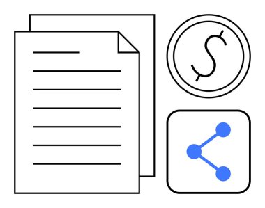 Belge taslağı, dolar parası ve ağ paylaşım sembolü. Finans, işbirliği, belge yönetimi, iletişim, e-ticaret, veri paylaşımı için ideal