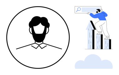 Soyut avatar portresi bir arama çubuğu kullanarak grafik şeklindeki okları ölçeklendiren bir figür ile eşleştirildi. Kimlik, kariyer büyümesi, iş arama, analitik, başarı, kişisel markalaşma, basit daire