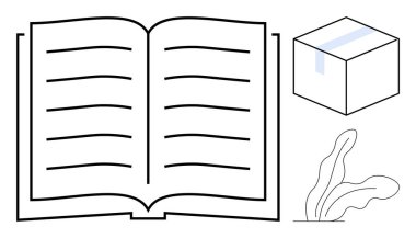 Görünür çizgileri olan açık bir kitap, bantlı karton kutu ve minimalist bitki yaprakları. Eğitim, bilgi, ambalaj, büyüme, minimalizm lojistik araştırmaları için idealdir. Temiz, düz metafor