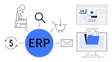 Merkezi bağlantı fabrikasında ERP, büyüteç, el arabası, para, e-posta, monitör ve dosyalar. Ticari otomasyon dijital işlemler için ideal tedarik zinciri yönetim süreci akışı. Basit.