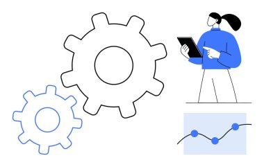 İş akışı için vites, tabletli kadın, büyüme grafiği. İş stratejisi, üretkenlik, yenilik, takım çalışması, dijital dönüşüm, problem çözen basit iniş sayfası için ideal
