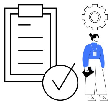 Büyük boy kontrol listesi, kalın kontrol işareti, vites simgesi, panosu olan mavi elbiseli kadın verimliliği, görev yönetimini, iş akışını simgeliyor. Takım çalışması, planlama ve organizasyon verimliliği için ideal