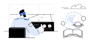 Pilot uçak kontrol paneli, dünya, açık kitap, yörüngedeki gezegenler. Havacılık, uzay keşfi, eğitim, yenilik, bilimin ilerlemesi için idealdir. Basit düz metafor