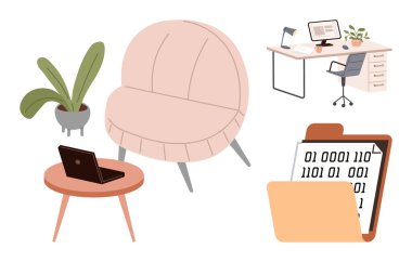 Koltuk, dizüstü bilgisayar yan masada, bitki, masa çalışma alanı sandalye ve monitör ve ikili veri içeren klasör. Üretkenlik, öğrenme, uzak çalışma, minimalizm teknolojisi tasarımı için idealdir.