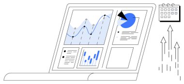 Takvim ve yukarı doğru okların yanında grafikler, pasta grafiği ve veri analizleriyle dizüstü bilgisayar ekranı. İş için ideal, veri görselleştirme, planlama, strateji, büyüme, ilerleme basit düz metafor