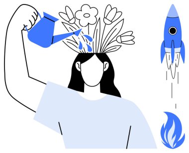 Kafadan çiçekleri sulayan kadın yaratıcılığı, büyümeyi ve fikirleri sembolize ediyor. Yakın roket yenilik ve hırsı temsil ediyor. Kendini geliştirme, yaratıcılık, büyüme ve başarı için ideal