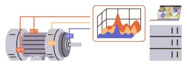 Bir ekranda sıcaklık verilerini ve performans grafiklerini gösteren analitik kuruluma bağlı motor. Fabrika izleme, mühendislik, lokasyon, otomasyon, analitik, makine teşhisi için ideal, basit