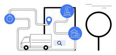 GPS haritalı güzergahta kronometre, arama büyüteci, fabrikalar ve depolarla gezinen teslimat kamyonu. Lojistik, dağıtım, tedarik zinciri, izleme, verimlilik teknolojisi için ideal