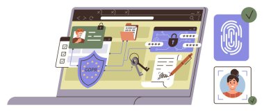 GDPR kalkanlı dizüstü bilgisayar ekranı, kişisel veriler, kilit, anahtarlar, parmak izi taraması, imzalı belge. Siber güvenlik, gizlilik, veri erişim şifreleme uyum çevrimiçi güvenlik doğrulaması için ideal
