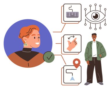 Genç kullanıcı klavye simgelerine, el hareketlerine, konum belirleyicisine ve görsel tanıma sistemine bağlandı. İnsan-teknoloji etkileşimini, ulaşılabilirliği ve yeniliği vurgulamak. Teknoloji ve kullanıcı için ideal