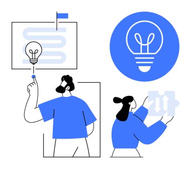 Yol haritası, bulmaca parçası ve ampul fikriyle beyin fırtınası yapan iki profesyonel. Yenilik, strateji, takım çalışması, planlama, öğrenme, yaratıcılık için ideal basit iniş sayfası