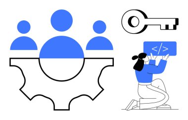 Takım simgeleri, programcı kod paneli ve anahtar sembollü vites. Takım çalışması, kodlama, problem çözme, yazılım geliştirme, güvenlik, yenilik için ideal basit bir iniş sayfası