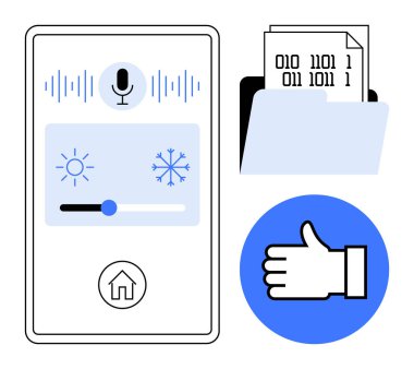 Modern akıllı ev arayüzü ses kontrolü, sıcaklık ayarlama kaydıracı, dosya yönetimi klasörü ve başparmak işareti. Teknoloji için ideal, akıllı aygıtlar, yapay zeka, otomasyon, IOT kullanıcısı