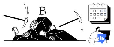 Kayadan kripto para çıkarma, Bitcoin logosu, verileri haritalarla analiz eden bir kişi ve bir takvim. Kripto para birimi, finans, madencilik, veri analizi ve proje planlaması için ideal